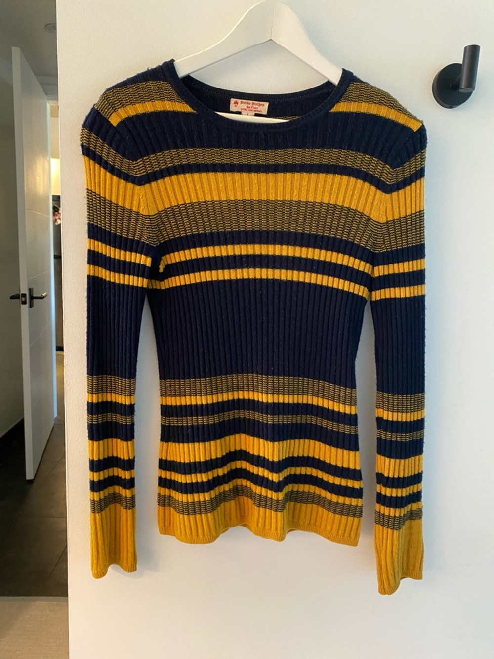 Brooks Brothers Navy and Mustard Striped Ribbed Crewneck Sweater